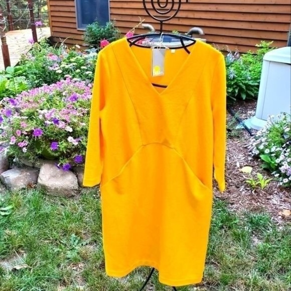 Boden Mustard Yellow Ottoman V-Neck Shift Dress 3/4 Sleeve Pockets US 12L NEW
